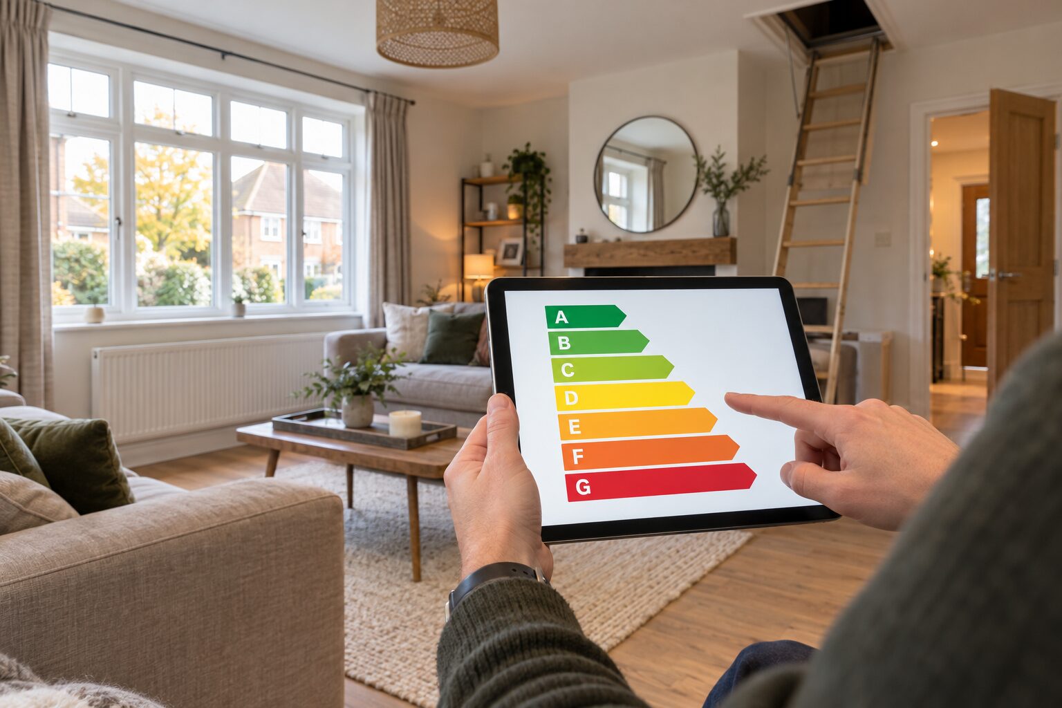 Prospective homebuyer reviewing a colour-coded energy-efficiency chart on a tablet during a property viewing
