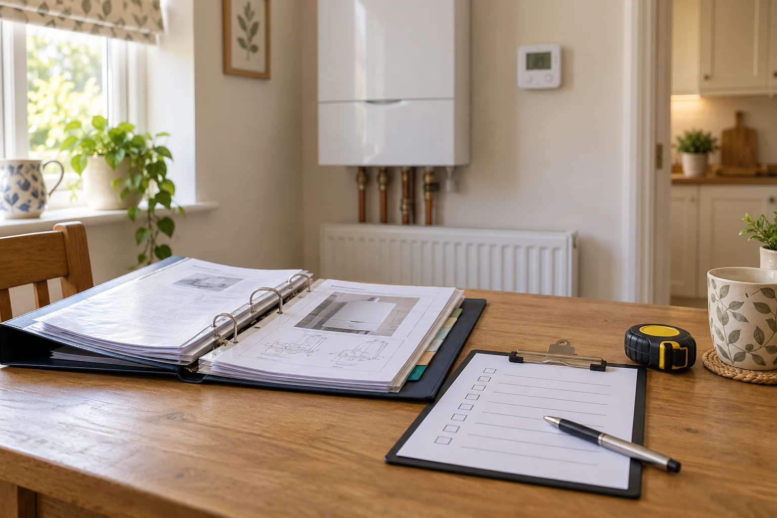 A folder of property documents, checklist and measuring tape beside a domestic boiler